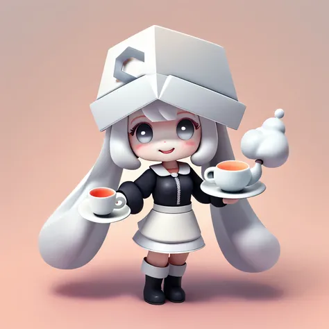 Bubble Mart blind box style，A cute little girl who loves to laugh，Holding hot tea and cup，Wearing a white box-shaped hat，princess cut hairstyle，Off-white hair，Wearing dark gray skirt and boots，Wearing a small apron