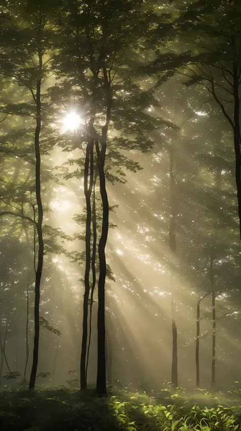 this photograph captures the enigmatic and tranquil beauty of a forest bathed in the ethereal effects of the tyndall effect. as ...