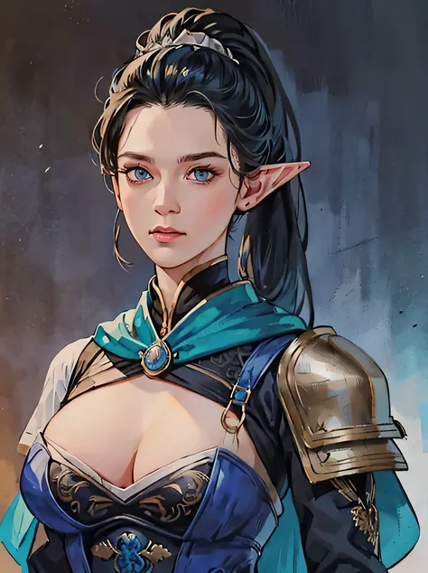 ((masterpiece、highest quality、Super detailed、High resolution、sharp focus、cinematic lighting))、((1 female))、bust shot、Portrait of a beautiful female elf 、focus from the chest up、elaborately patterned cloth cloak、Textured black leather armor and leggings、Cha...