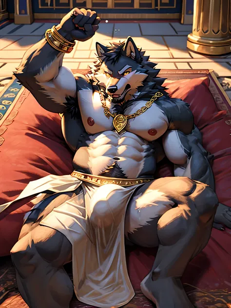 gray crying wolf、angry expression、gray fur wolf、wolf face and body、abnormally developed muscles、silver mane、Belly so hairy that you can&#39;t see the skin、large amount of pubic hair、Hair around the navel、Overflowing armpit hair、golden eyes、huge bulge in th...