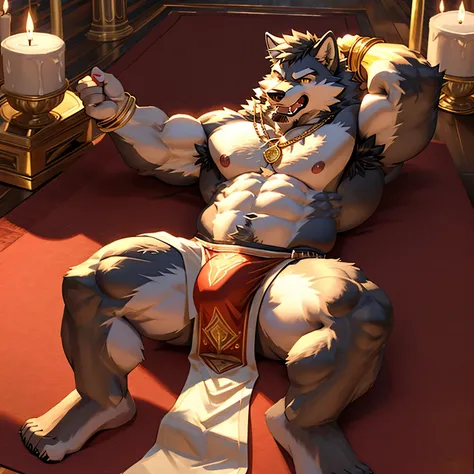 gray crying wolf、dancing、angry expression、gray fur wolf、wolf face and body、abnormally developed muscles、silver mane、Belly so hairy that you can&#39;t see the skin、large amount of pubic hair、Hair around the navel、Overflowing armpit hair、golden eyes、huge bul...