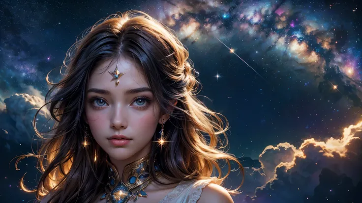 High detail, super detail, super high resolution, girl enjoying her time in the dream galaxy, surrounded by stars, warm light sprinkled on her, background is starry sky with colorful galaxies and galaxy clouds, stars flying around her, delicate face, addin...