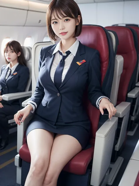 1 female, 40 years、very detailed顔、lip details、detailed eye、double eyelid、(black bob hair、Like an airplane stewardess々please do a good job)、(stewardess uniform:1.2)、(glamorous body)、(big breasts)、smile、thighs thighs thighs, Exactly, perfect image realism, W...