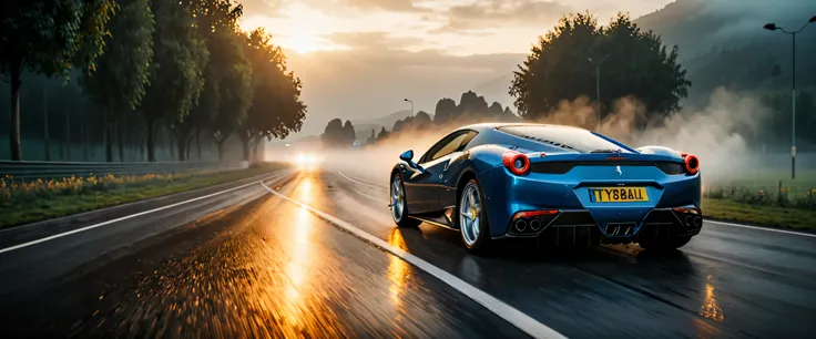 ((Masterpiece in maximum 16K resolution):1.6),((soft_color_photograpy:)1.5), ((Ultra-Detailed):1.4),((Movie-like still images and dynamic angles):1.3). | (Cinematic photo of an speeding Ferrarri Roma), (cinematic lens), ((tyndall effect):1.1), (fog), (mist...