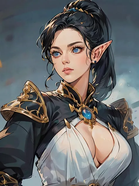 ((masterpiece、highest quality、Super detailed、High resolution、sharp focus、cinematic lighting))、((1 female、bust shot))、Portrait of a beautiful female elf 、40 years old、focus from the chest up、elaborately patterned cloth cloak、Textured black leather armor and...