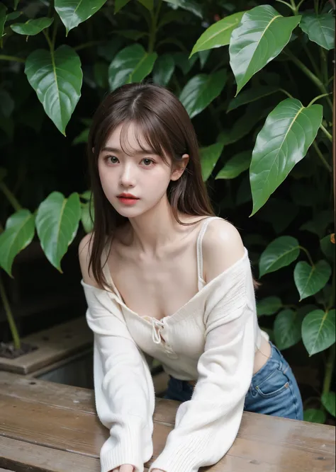 A cute girl wearing a wine red off-shoulder shirt、16 year old girl、（big green eyes:1.2）、small breasts、（shiny bronze hair）、tropical plants background、perfect lighting、sharp focus、High definition、high resolution、High color rendering、High resolution、Super rea...