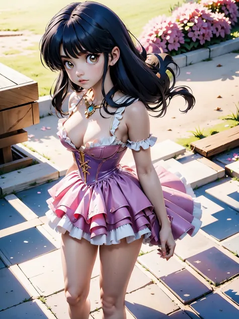 Anime cabelo escuro com vestido e corset pink, 16 anos, corpo bonito, seios grandes, com as hands on chest, hands on chest, Garota sexy, purple cabelo, mechas de cabelo laterais, mechas de cabelo na lateral do rosto, beautiful lighting, sombras suaves, olh...