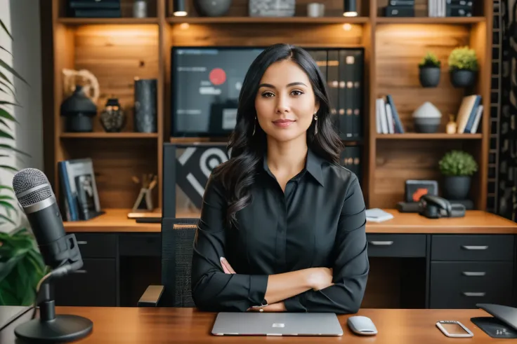 woman sitting at the table with laptop and microphone in front of her, Woman in a business suit, woman in a black business suit, young Business lady, sitting at a computer desk, in front of computer, sitting at the table, sitting at the table, sitting at t...