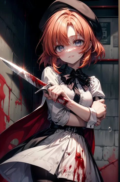 rena ryugu, rena ryuuguu, orange hair, short hair, hair blue eyes, smile, there are still traces of blood on the wall,spooky, de...