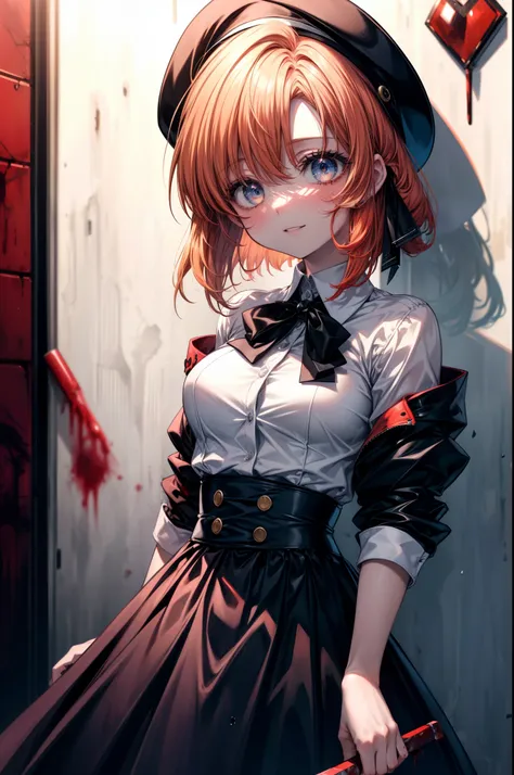 rena ryugu, rena ryuuguu, orange hair, short hair, hair blue eyes, smile, there are still traces of blood on the wall,spooky, de...