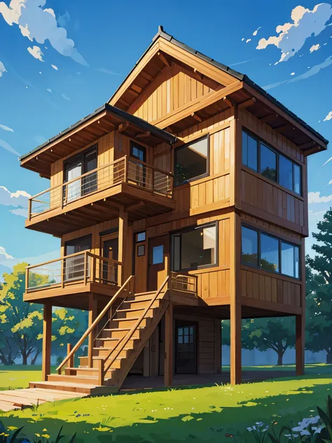 A house with modern architecture, made of wood, on a vast meadow, as in a fantasy world