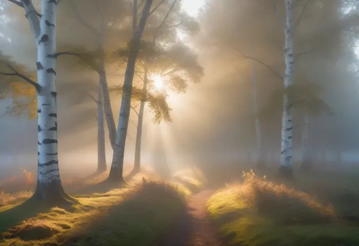 Landscape photography was taken with a Canon EOS R5 camera and a Canon RF 70-200mm F2 lens...8L ESM USM, Beautiful morning landscape of a foggy morning in a birch grove., light fog and sunshine, rays break through the branches of a birch tree and create a ...