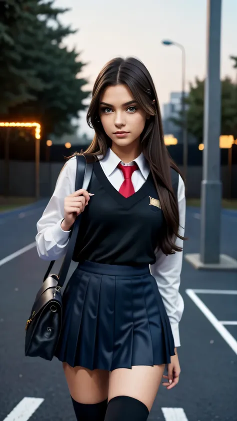 very very very sexy girl, brunette hair, parted hair style, 18 years old, wearing school uniform, holding a school bag, school s...