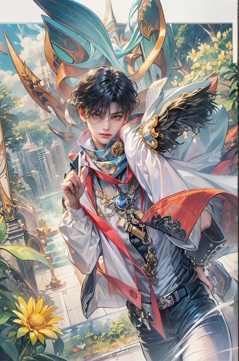 ((Best quality)), ((masterpiece)), (detailed), ((perfect face)), ((halfbody)) handsome face, male, teen boy,  perfect proportions , a male version of the character from date a live anime, colorful outfit, detailed scenery background 