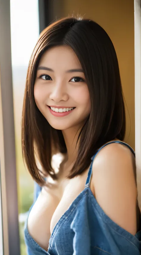 Japanese ),((beautiful girl)),cleavage,An expression that imagines something pleasant:1.2,(perfect body beauty:1.2),((perfect body)),(shy smile),beautiful teeth,