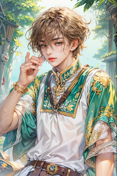 ((Best quality)), ((masterpiece)), (detailed), ((perfect face)), ((halfbody)) handsome face, male, teen boy,  perfect proportions , a male version of the character from card captor salura in a colorful outfit, detailed scenery background 