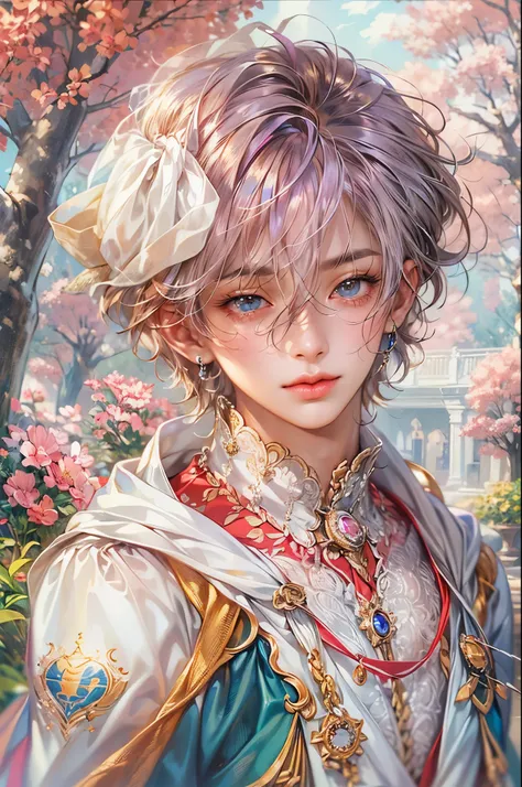 ((Best quality)), ((masterpiece)), (detailed), ((perfect face)), ((halfbody)) handsome face, male, teen boy,  perfect proportions , a male version of the character from sister princess anime in a colorful outfit, detailed scenery background 