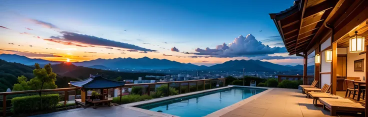 64k, Hmm, highest quality, masterpiece: 1.2), (realistic, photorealistic: 1.37), Spectacular view of the sunset sky and clouds、Amazing mountain views、Japanese sake、Sake Glass、Japanese food、Superior hotel、dinner、hot spring inn、table、Champagne、sparkling wine...