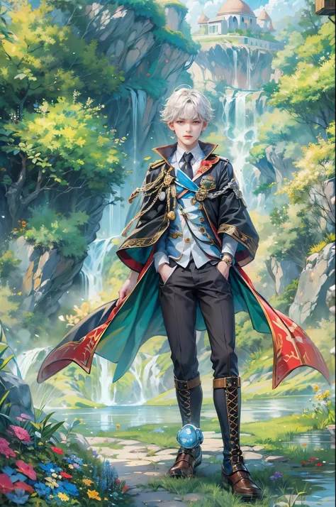 ((Best quality)), ((masterpiece)), (detailed), ((perfect face)), ((halfbody)) handsome face, male, teen boy,  perfect proportions , a male version of the character from tensura slime isekai memories anime, colorful outfit, detailed scenery background 