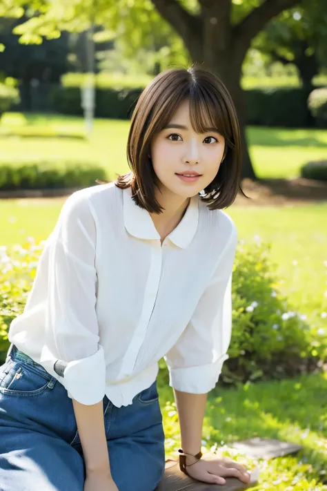 sit on a bench in a quiet park、young woman with natural beauty。she has short brown hair、Has gentle eyes and a soft smile。The clothes she wears are simple and elegant、Gives a casual yet sophisticated look。There are lush trees around々and flowers々There is、The...