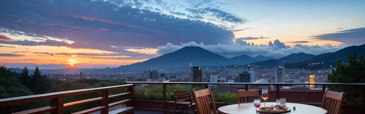 64k, Hmm, highest quality, masterpiece: 1.2), (realistic, photorealistic: 1.37), Spectacular view of the sunset sky and clouds、Amazing mountain views、Japanese sake、Sake Glass、Japanese food、Kappo cuisine、Superior hotel、dinner、hot spring inn、table、Champagne、...