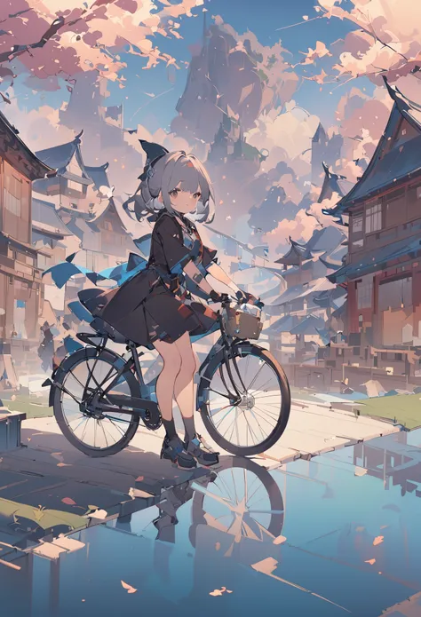 a girl is sitting on a bicycle next to a pond, in the style of kawacy, media intrusion art, chaotic environments, cherry blossom...