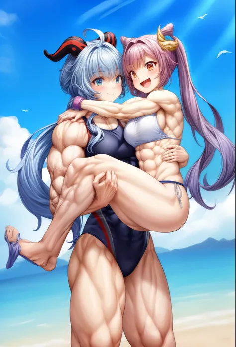 2girls,muscular female,,muscular ,biceps,,thick arm,biceps,(keqing,ganyu),happy,swimsuit,abs