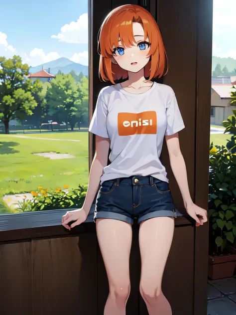 (1 girl), rûuguu horseradish, orange medium hair, blue eyes, t-shirt, denim shorts, hands in pockets