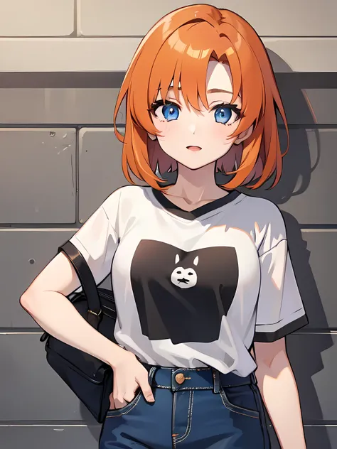 (1 girl), rûuguu horseradish, orange medium hair, blue eyes, t-shirt, denim shorts, hands in pockets