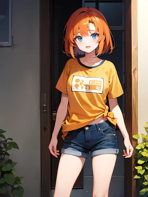 (1 girl), rûuguu horseradish, orange medium hair, blue eyes, t-shirt, denim shorts, hands in pockets, sharp wall