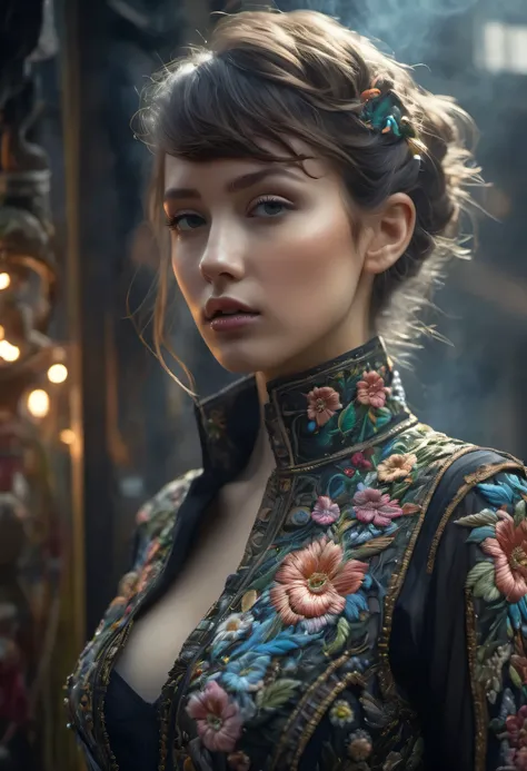 beautiful girl, personification of spring, floral embroidery, grunge, glass, dark botanical, each color and Pantone color of the year 2024, high detail, many details, glass and stone, intricate details, bohemian, elegant, aesthetic, mysticism, high quality...