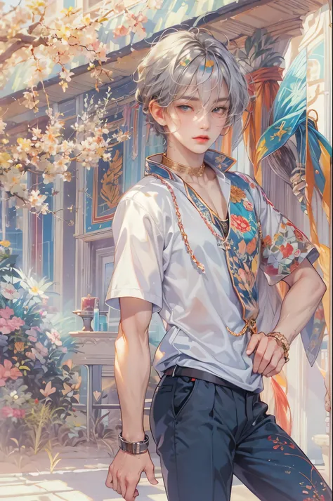 ((Best quality)), ((masterpiece)), (detailed), ((perfect face)), ((halfbody)) handsome face, male, teen boy,  perfect proportions , a male version of the character from ah my goddess anime in a colorful outfit, detailed scenery background 