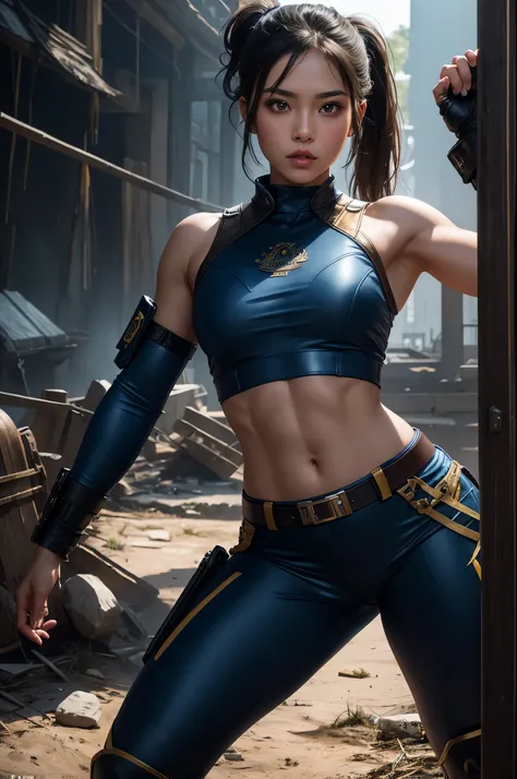 8K,The younger sister of twin sisters wearing casual clothes,Super beautiful(like the real thing),super realistic skin,My sister is tall and has a muscular, slim body.,Violent and strongly cracked abdominal muscles,small breasts,blue sexy combat uniform,Bi...