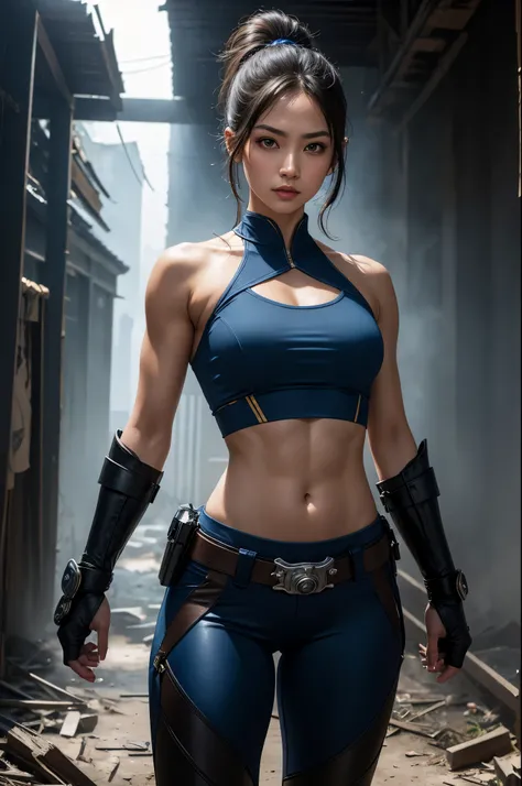 8K,The younger sister of twin sisters wearing casual clothes,Super beautiful(like the real thing),super realistic skin,My sister is tall and has a muscular, slim body.,Violent and strongly cracked abdominal muscles,small breasts,blue sexy combat uniform,Bi...