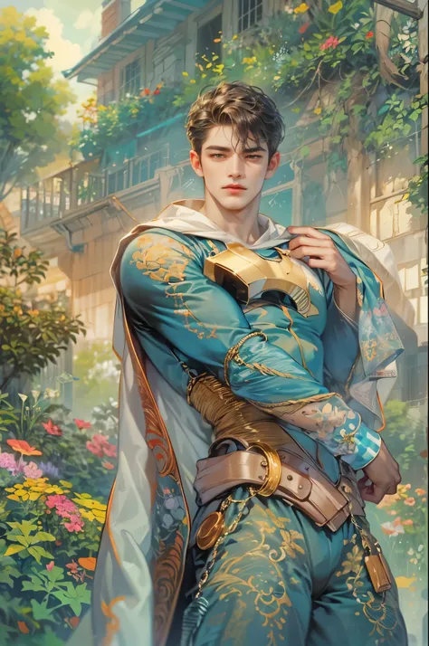 ((Best quality)), ((masterpiece)), (detailed), ((perfect face)), ((halfbody)) handsome face, male, teen boy,  perfect proportions , a male hero of the character from DC comics in a colorful outfit, detailed scenery background 