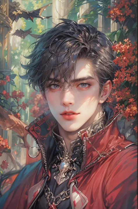 ((Best quality)), ((masterpiece)), (detailed), ((perfect face)), ((halfbody)) handsome face, male, teen boy,  perfect proportions , a male character hero from vampire saviour comics in a colorful outfit, detailed scenery background 