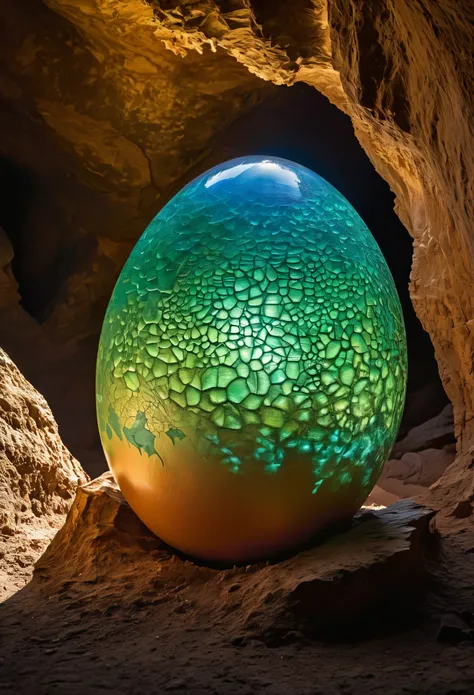 Photography of a mesmerizing scene where a dinosaur egg, containing a visible dinosaur embryo, is bathed in intense and dramatic lighting. The clear visibility of the dinosaur embryo within the egg creates a sense of wonder and fascination. The strong ligh...