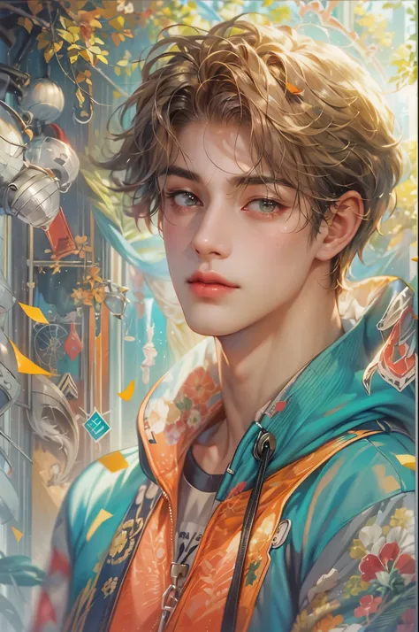 ((Best quality)), ((masterpiece)), (detailed), ((perfect face)), ((halfbody)) handsome face, male, teen boy,  perfect proportions , an artwork created by nardack, colorful outfit, detailed scenery background 