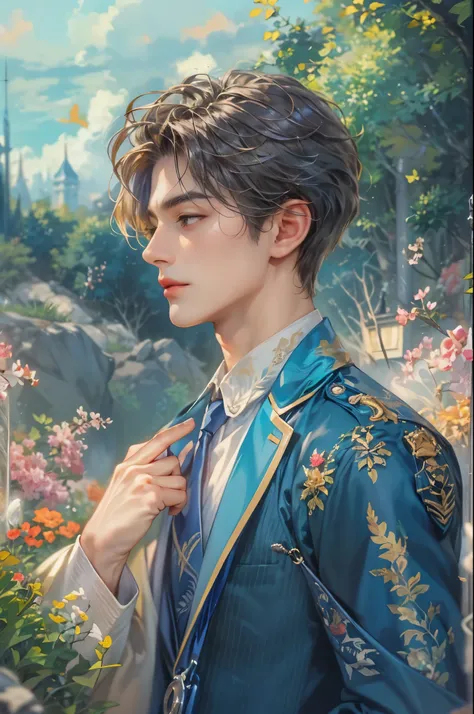 ((Best quality)), ((masterpiece)), (detailed), ((perfect face)), ((halfbody)) handsome face, male, teen boy,  perfect proportions , an artwork created by nardack, colorful outfit, detailed scenery background 