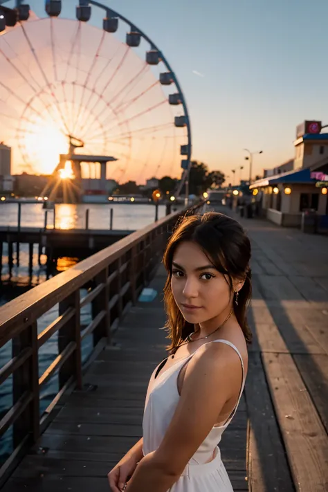 arafed ferris wheel on a pier with a sunset in the background, captured with sony a3 camera, during sunset, with sunset, shot with iphone 1 0, sunset time, taken with sony a7r camera, taken with sigma 2 0 mm f 1. 4, shot on nikon d 3 2 0 0, taken with sony...