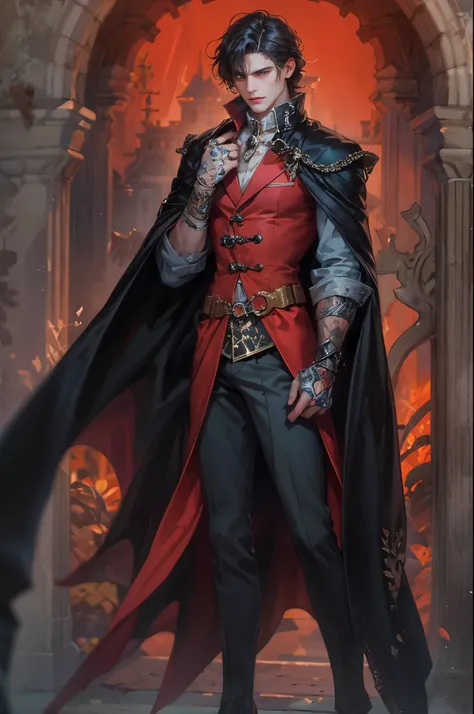 ((Best quality)), ((masterpiece)), (detailed), ((perfect face)), ((halfbody)) handsome face, male, teen boy,  perfect proportions , a male character hero from vampire saviour comics in a colorful outfit, succubus, incubus, vampire, dark cape, dark castle, ...