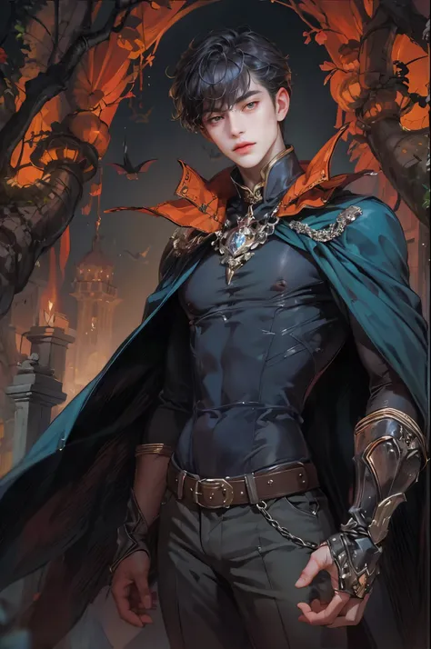 ((Best quality)), ((masterpiece)), (detailed), ((perfect face)), ((halfbody)) handsome face, male, teen boy,  perfect proportions , a male character hero from vampire saviour comics in a colorful outfit, succubus, incubus, vampire, dark cape, dark castle, ...