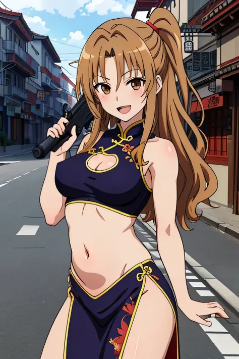  1girl, solo, long hair, brown hair, brown eyes, standing, masterpiece, best quality, highly detailed, a anime girls in china dress with navel cutout holding a gun
posing for a picture, navel cutout, crop top, china dress, ecchi anime style, evil smile, op...