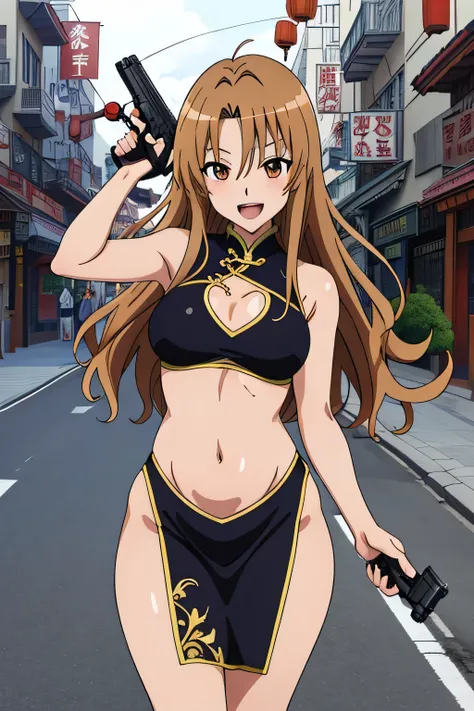  1girl, solo, long hair, brown hair, brown eyes, standing, masterpiece, best quality, highly detailed, a anime girls in china dress with navel cutout holding a gun
posing for a picture, navel cutout, crop top, china dress, ecchi anime style, evil smile, op...