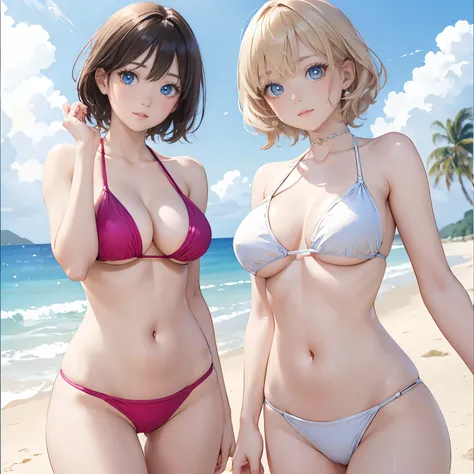 (masterpiece:1.2), (highest quality:1.2),, Curvy but slender body, perfect eyes, perfect face, perfect lighting, 2 girls, ，on the beach，（standing position），（pink bikini swimsuit），（whole bodyのショット），（short hair），（smile），curly hair, fine clothes, detailed out...