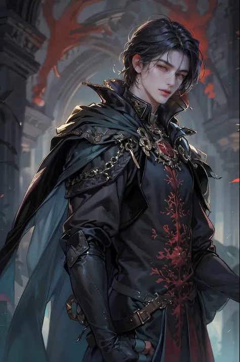 ((Best quality)), ((masterpiece)), (detailed), ((perfect face)), ((halfbody)) handsome face, male, teen boy,  perfect proportions , a male character hero from vampire saviour comics in a gnostic outfit, succubus, incubus, vampire, dark cape, dark castle, d...