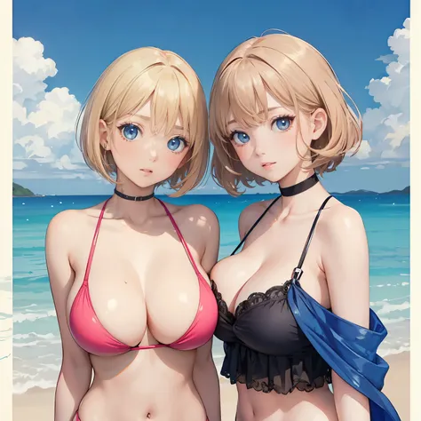 (masterpiece:1.2), (highest quality:1.2),, Curvy but slender body, perfect eyes, perfect face, perfect lighting, 2 girls, ，on the beach，（standing position），（pink bikini swimsuit），（whole bodyのショット），（short hair），（smile），curly hair, fine clothes, detailed out...