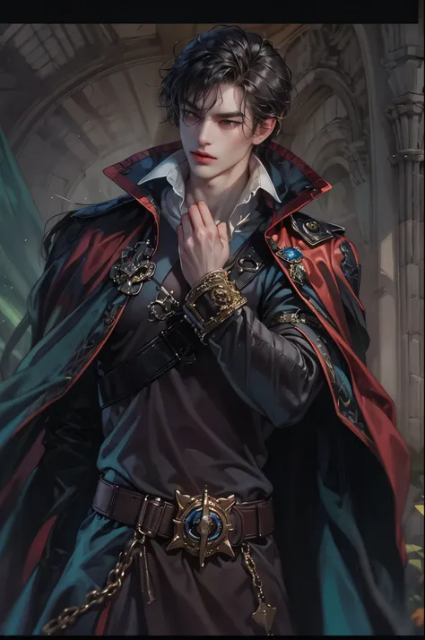 ((Best quality)), ((masterpiece)), (detailed), ((perfect face)), ((halfbody)) handsome face, male, teen boy,  perfect proportions , a male character hero from vampire saviour comics in a gnostic outfit, succubus, incubus, vampire, dark cape, dark castle, d...