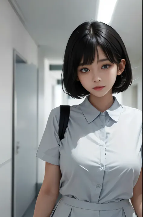 Indoor Hospital Corridor, 1 female soloner, /(black short hair/), /(Simple uniforms/), A gentle smile with a blush, (A masterpiece of the highest quality:1.3) Delicate illustrations in ultra-detailed high resolution, big breasts、narrow sharp eyes、