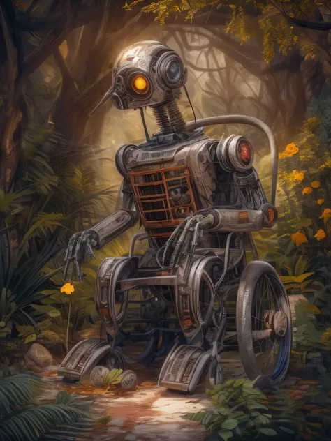 (la best quality,high resolution,super detailed,actual),old abandoned robot in a wheelchair，covered with plants，（ （（sunrise））），l...